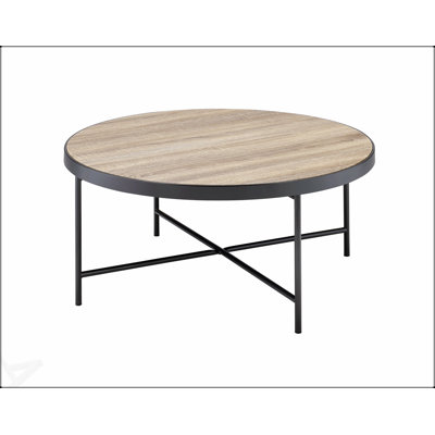 Table basse ronde en chêne gris patiné et finition métallique Bage, alliant style industriel et design pratique pour une vie moderne.