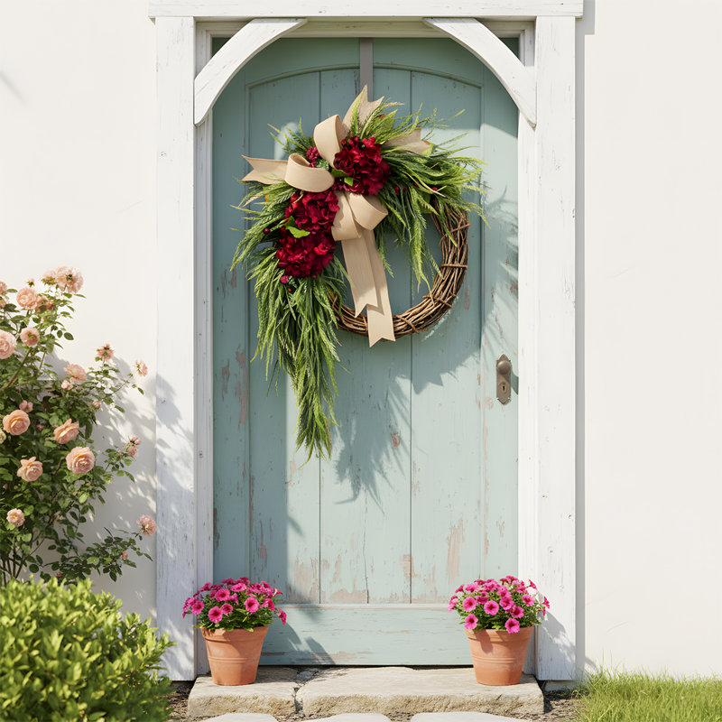 Ornement mural décoratif floral 13,8 pouces avec guirlande de hortensias et guirlande de ferme rustique