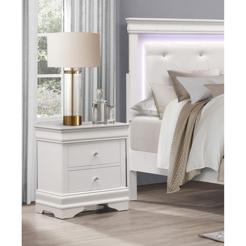 Mobilier de chambre à coucher de style traditionnel avec table de chevet 1 pièce et 3 tiroirs en faux alligator, Blanc