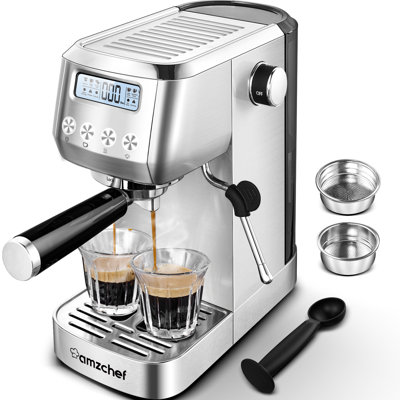 Machine à espresso Amzchef à 20 barres avec affichage à cristaux liquides, cafetière à cappuccino et café au lait en acier inoxydable avec mousseur à lait, filtres à double paroi, argent
