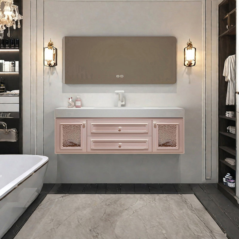 Armoire de salle de bain de style français crème, H 19,68 po x l 66,92 po x P 21,65 po, Rose clair