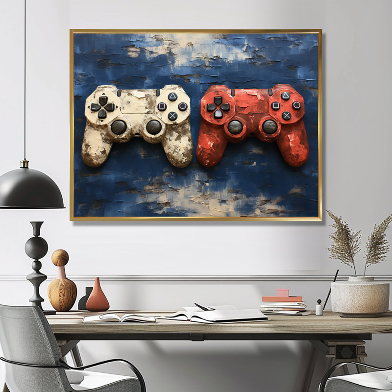 White and Red Ps Video Game Controllers - Art mural de jeux vidéo, Cadre flottant doré, H 24 po x l 32 po x P 1 po