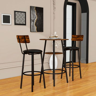 Ensemble de tabourets de bar 3 pièces avec table ronde, tabouret à sièges rembourrés et tablette de rangement