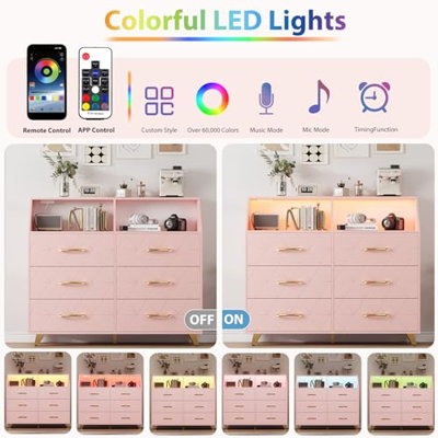 6 Drawers for Bedroom with Charging Station, Natural Wood Durable Dressers & Chests of Drawers with LED Light and Charging Station