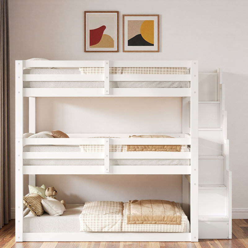Triple Bunk Bed With Storage Staircase, White