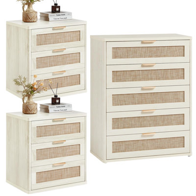 Ensemble de 3 commodes et tables de chevet en rotin, meubles de chambre à coucher en bois Boho, commodes à 5 tiroirs et tables de chevet à 3 tiroirs