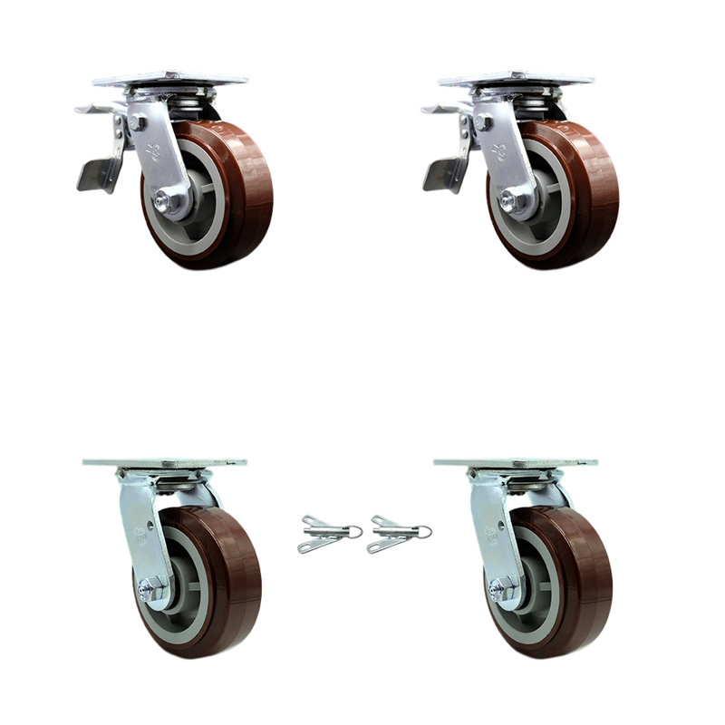 Ensemble de roulettes en polyuréthane 5 pouces avec roulements à rouleaux 2 freins 2 verrous pivotants SCC