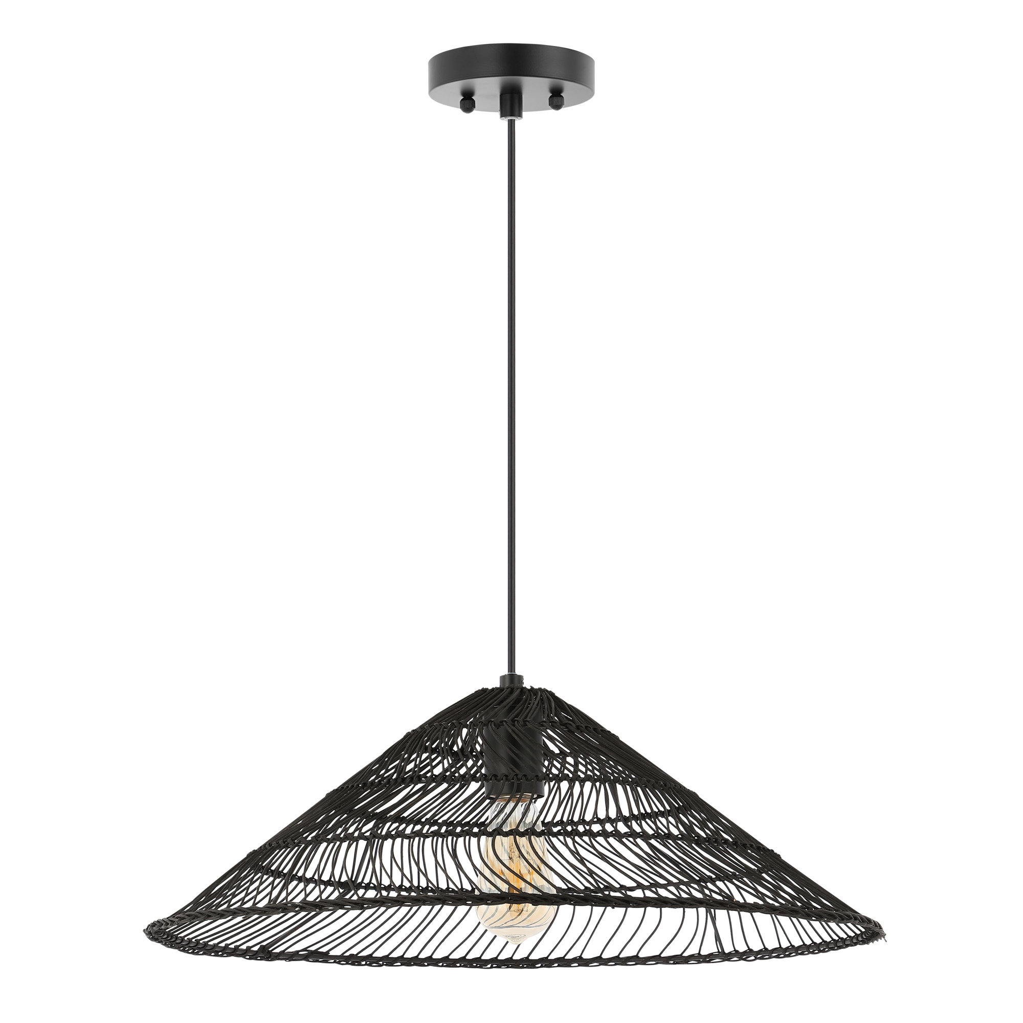 Aisma Single Light Rattan Iron Dimmable Pendant, Black, Black