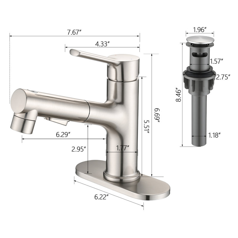 Robinet pour lavabo de salle de bain en nickel brossé, poignée simple, style moderne avec bouchon de bonde escamotable et robinet de lavabo à fixation sur plateau en nickel, design