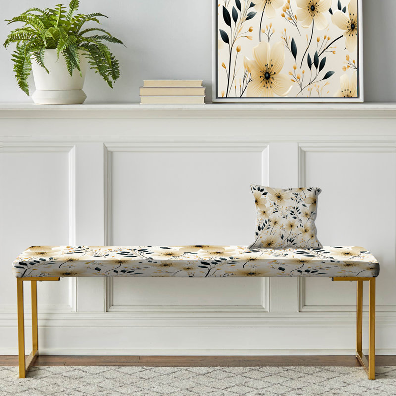 Minimalism Black And Beige Flowers Pattern - Floral Upholstered Gold Bench