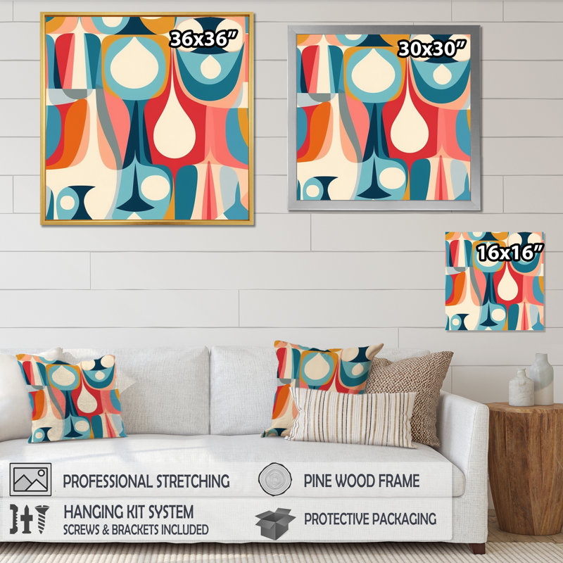 «Retro Abstract Drop Drops» - reproduction sur toile, Cadre flottant noir, H 16 po x l 32 po x P 1 po