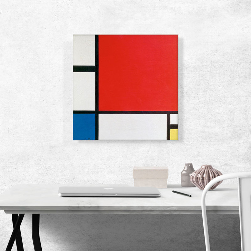 "Composition avec rouge, bleu et jaune" par Piet Mondrian - reproduction d'art sur toile tendue, H 18 po x l 18 po x 1,5 po