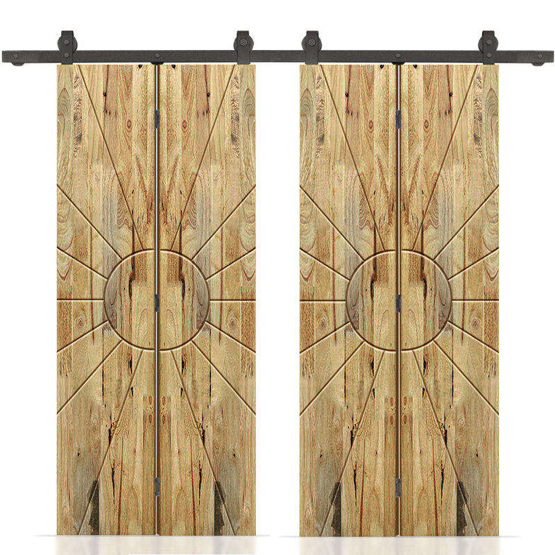 Porte de grange double pliante en bois de pin teinté avec quincaillerie coulissante, 60 po x 80 po, Chêne vieilli