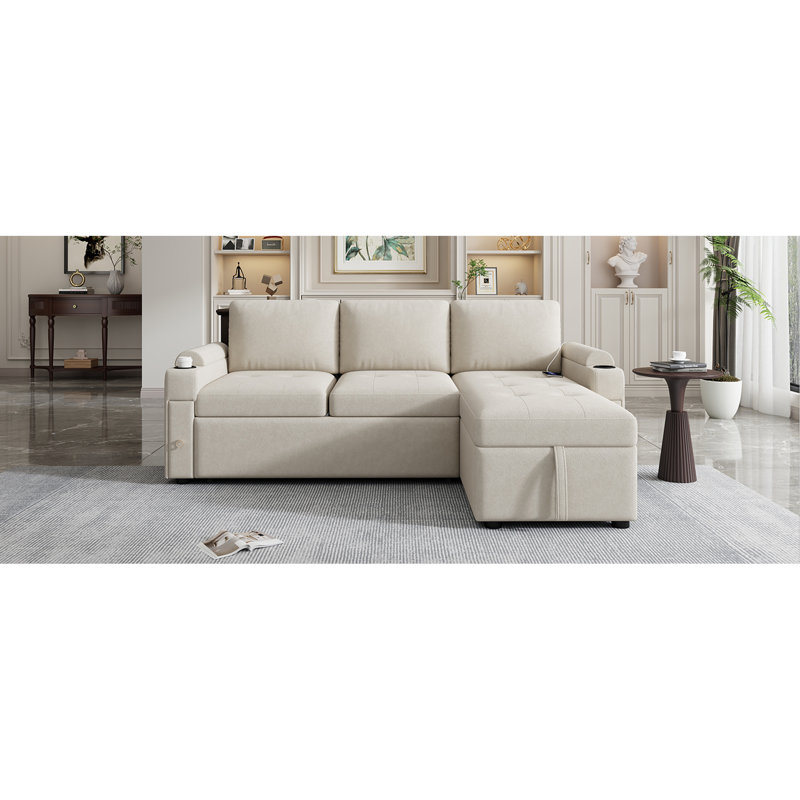 83.5" L-Shaped Sofa Couch Convertible Sofa Bed Sectional Sofa With Ample Storage Space, Two Cup Holders And Two USB Ports For Living Room, Beige