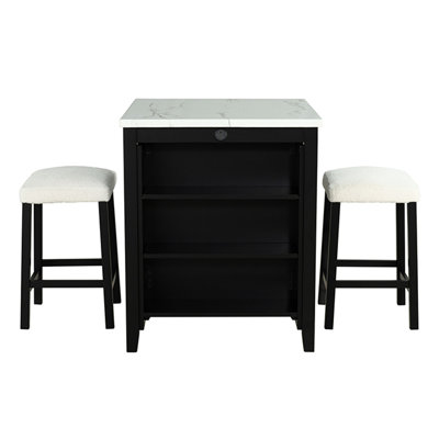 Ensemble de salle à manger moderne 3 pièces comprenant une table en placage de papier, un rangement et 2 tabourets en noir et blanc avec coussins rectangulaires en bouclette brillante noire/blanche/