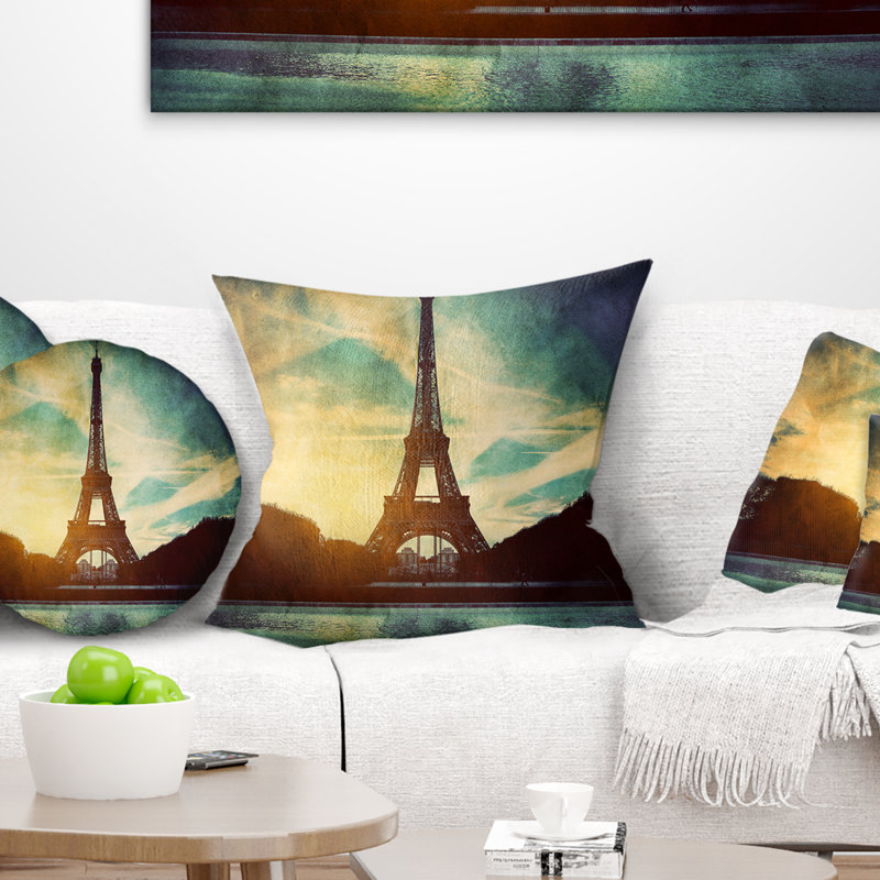 Paris Eiffel TowerRetro Style - Cityscape Printed Pillow, 16" x 16", Throw Pillow