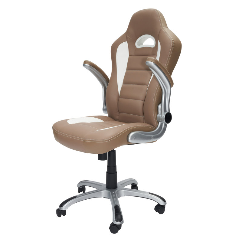 Orren Ellis Brumley Adjustable Reclining Ergonomic Faux Leather Swiveling PC & Racing Game Chair in Beige/White