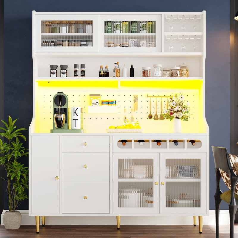 Modern Highboard with Adjustable Shelves & LED Lights, Freestanding Tall Cabinet with Wine Rack for Living Storage, White