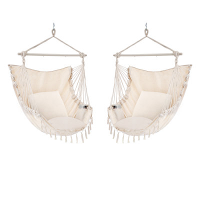 Single Hanging Chair With 2 Cushions, Hammock Swing Chair, Macrame Boho Hammock With High Load-Bearing Metal Rod, Indoor & Outdoor