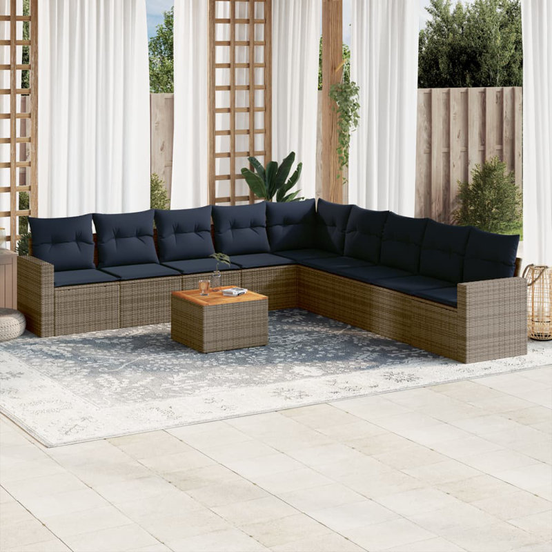 Ensemble de canapé de patio 10 pièces avec coussins en rotin de polyester, Gris, Marine
