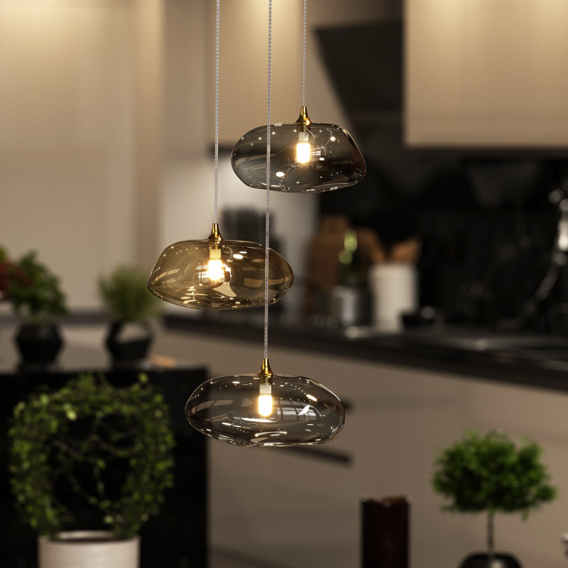 Kloud 3 Small Globe Lights In Mixed Glass Colors, 1 Amber, 2 Gray, Satin Nickel