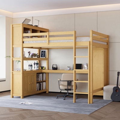 Lit mezzanine en bois avec armoire et bibliothèque, grand lit mezzanine avec garde-robe et bureau pour enfants, naturel