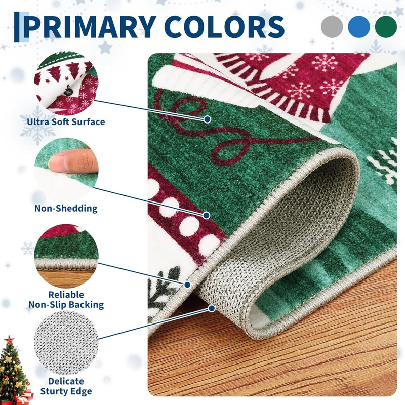 2x6 Christmas Runner Rug – Washable, Non-Slip, Santa & Reindeer Print, Low Pile, Foldable Carpet for Hallway, Kitchen, Bedside (Grey)