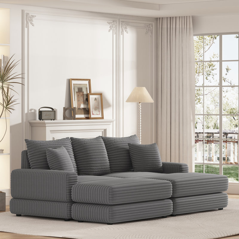 Gray Corduroy Sectional Sofa with Ottoman and Pillows