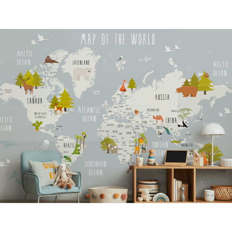 Adhésif mural carte du monde et animaux Alysen, L 112 po x L 75 po, Gris clair