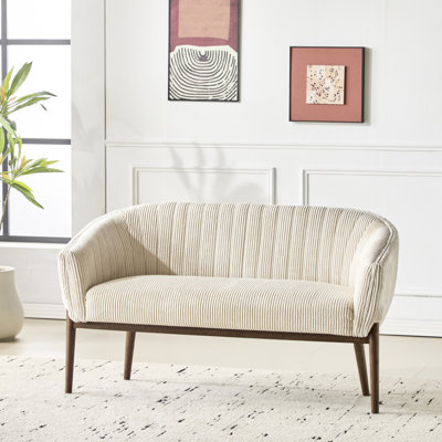 Accoudoirs en velours côtelé beige et noyer avec panneau en forme de canal, pieds en bois effilés, accoudoirs courbés, mousse haute densité, tissu 100%, aspect vestibule, décor