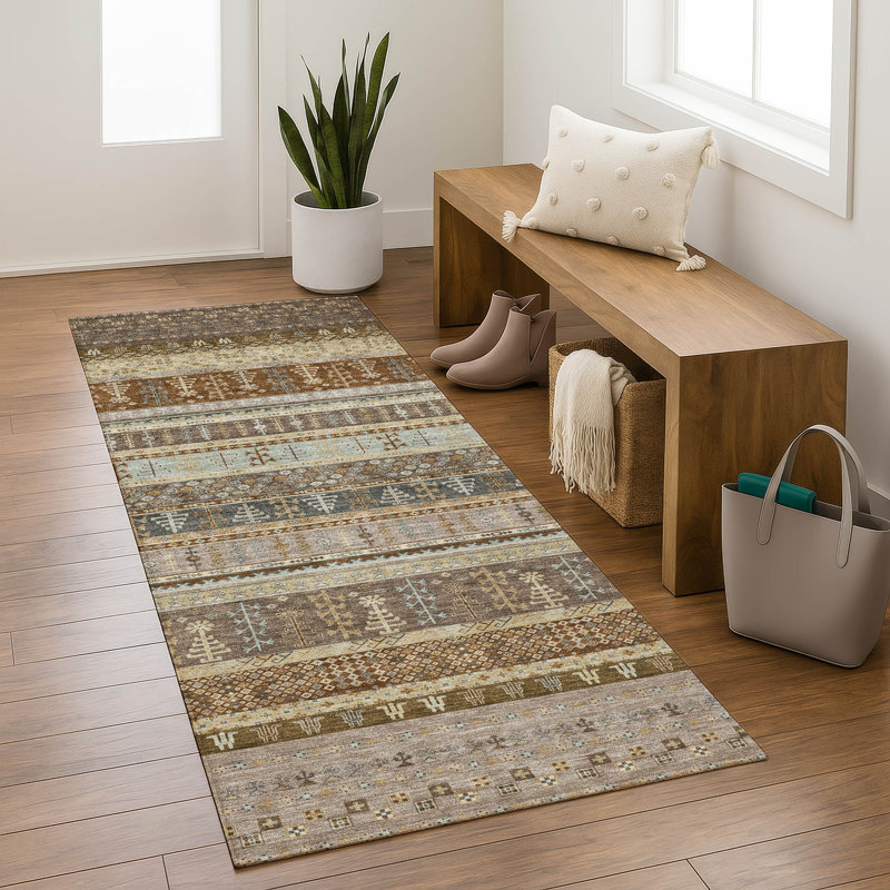 Premium Machine Washable Mayfield AMF2160 Striped Rug, Runner 2'3" x 7'6", Brown