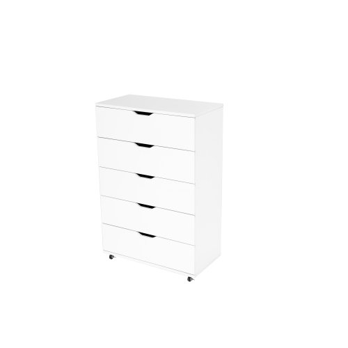 Commode blanche moderne à 5 tiroirs avec roulettes pivotantes - Armoire de rangement haute en bois pour chambre à coucher et chambre de bébé