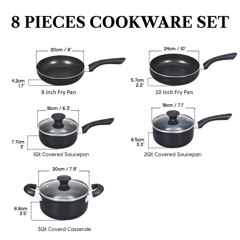 8-Piece Black Nonstick Aluminum Cookware Set with Stay-Cool Handles