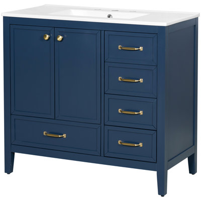 Meuble-lavabo bleu de 36 po avec lavabo en céramique teinté, structure en bois de pin, meuble sous-lavabo, rangement à tiroirs multiples, design, tous les composants sont emballés dans une fabrication solide brillante de 36 po