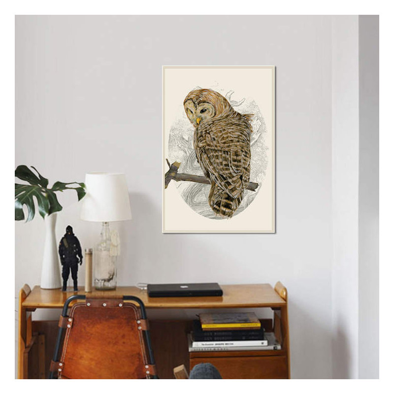 « barred hibou ii », impression sur toile, H 26 po x l 18 po x P 1,5 po