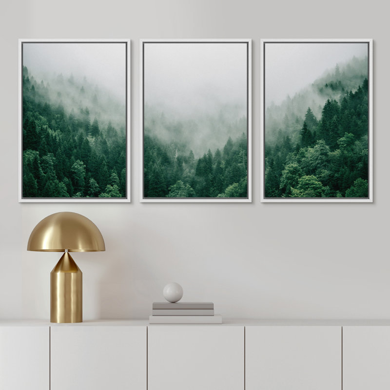 «Fog and Mist Mountain Forest Valley Nature Wilderness», reproduction sur toile 3 pièces, H 36 po x l 24 po x P 1,5 po