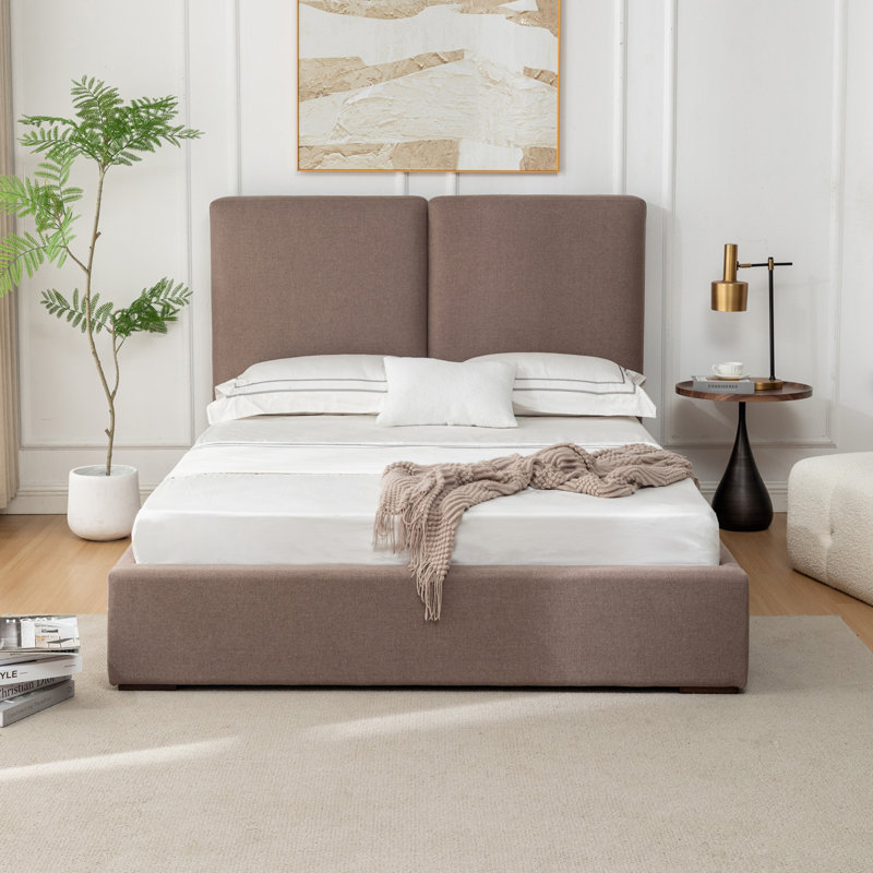 Lit tapissier - Grand lit - Tissu de performance naturel avec polyester recyclé, Brun latté