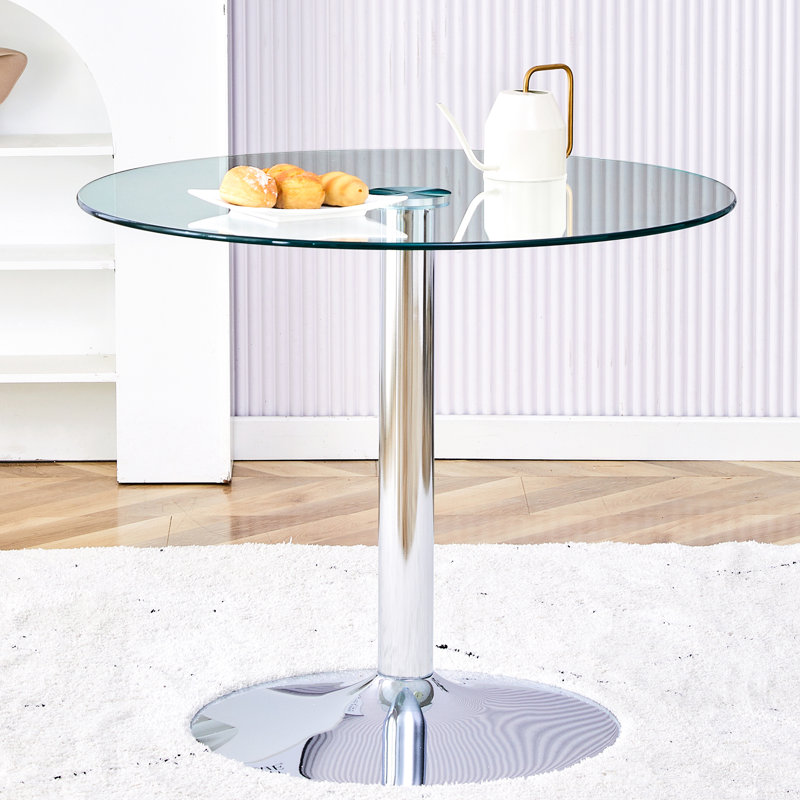 Table de salle à manger de 35 pouces en verre trempé avec structure en métal argenté et moderne, Argent argent