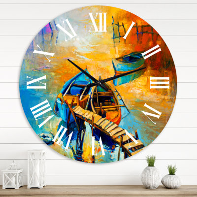 Bateau pendant la soirée, lueur au lac V - horloge murale nautique et côtière