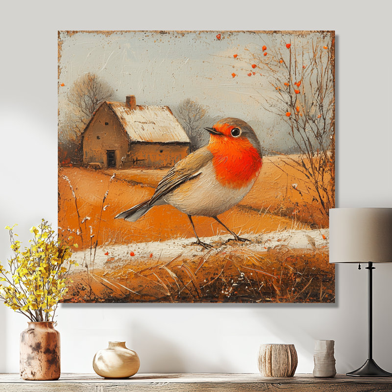 «Dotsie Robin Bird In The Farmyard», art mural oiseau, H 16 po x l 16 po, Toile tendue, Ne s’applique pas