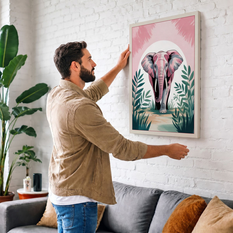 Elephant In Botanical Circle Boho - Print, 24x16 - 61.0 x 40.6 cm, Black Border