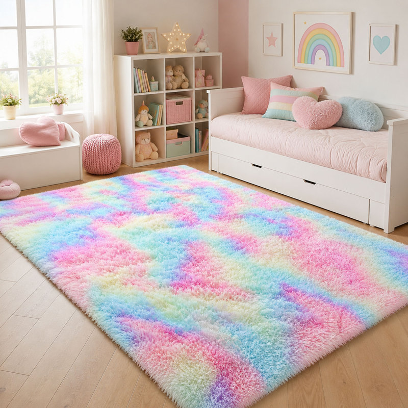 Tapis arc-en-ciel à poils longs et moelleux de 120 x 180 cm pour chambre et salle de jeux pour filles