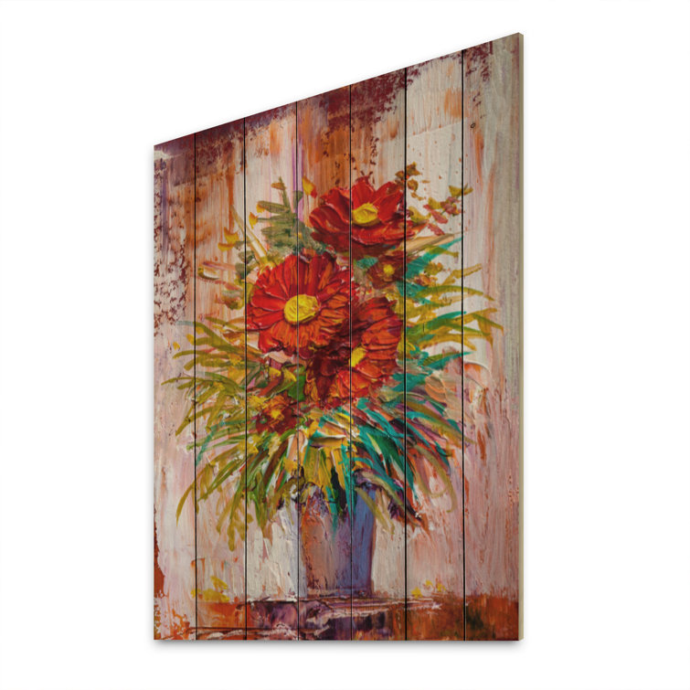 Winston Porter Red Painting Daisy Flowers On Wood Painting - Wayfair Canada