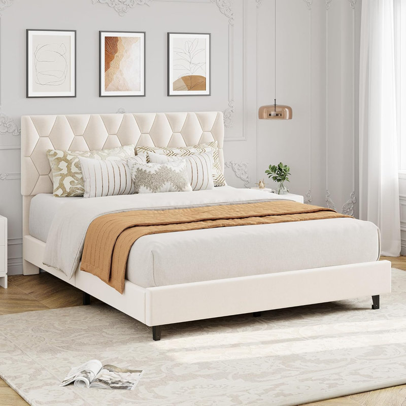 Adjustable Upholstered Headboard Platform Bed Frame, Modern with Wooden Slats Support & Triangular Feet, Easy Assembly, Beige