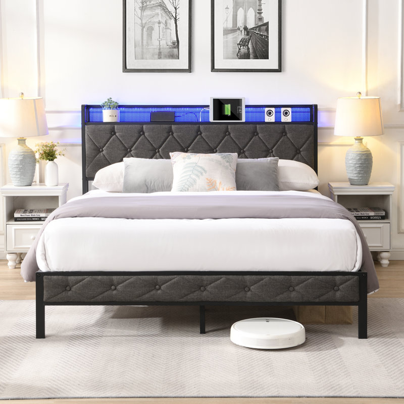 Mesum Fabric Upholstered Frame with LED Lights, Full / Double