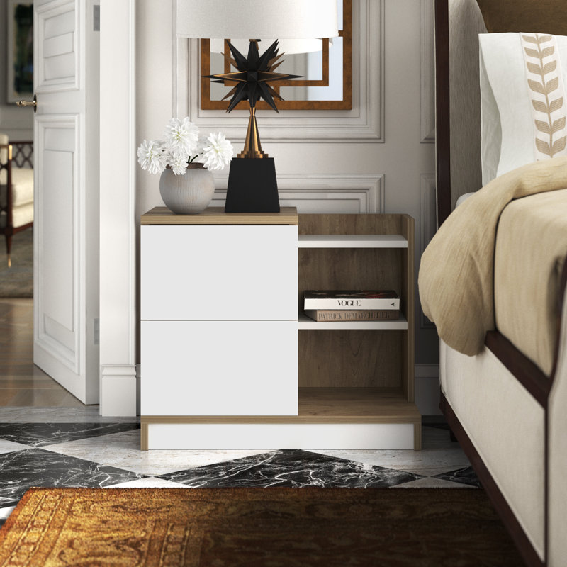 Charlett 2 - Drawer Nightstand with Storage, White/Walnut