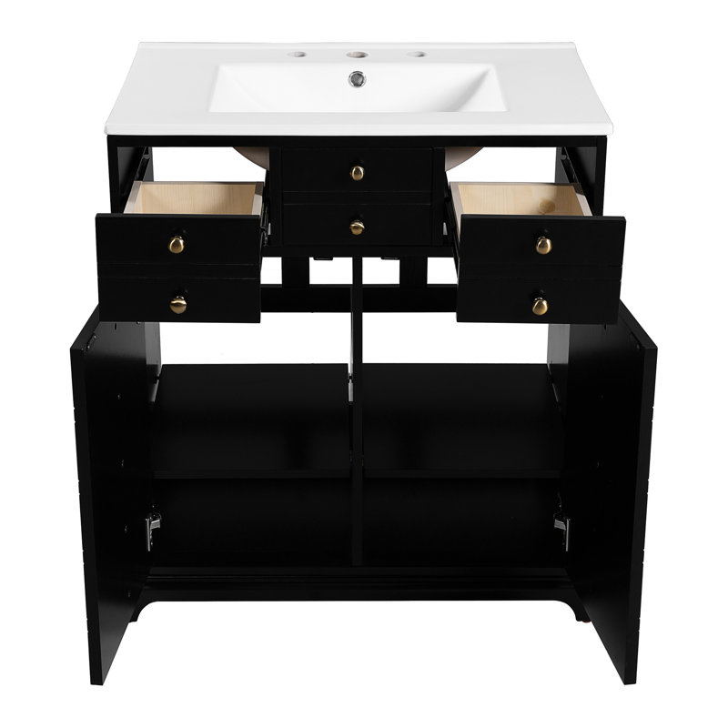 Meuble-lavabo de 30,57 po, noir, lavabo en céramique, structure en bois massif, 2 tiroirs, portes, rangement spacieux, style rétro, poignées en métal, meuble-lavabo noir facile à assembler avec charnières, planches, exquis lisse