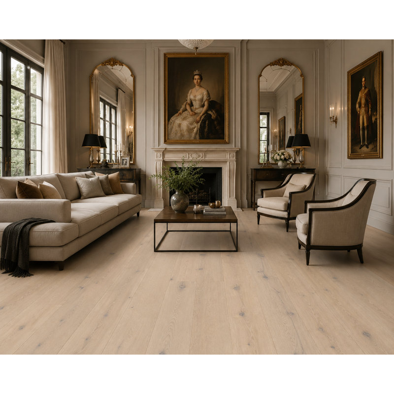 Plancher de bois franc d'ingénierie en chêne blanc Calacatta brossé – Languette et rainure | 5/8 po x 7-5/8 po x 96 po avec couche supérieure de 3,5 mm (30,35 pi²/boîte/paquet)