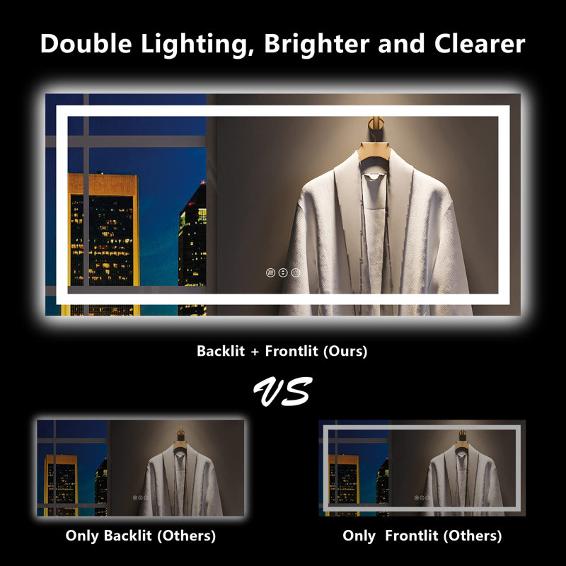 Akilan Frameless LED Vanity Mirror with Front-lit and Back-lit, Memory Function, 3 Color Temperatures & Dimmable Light, Anti-fog Tempered Glass ETL Mirror