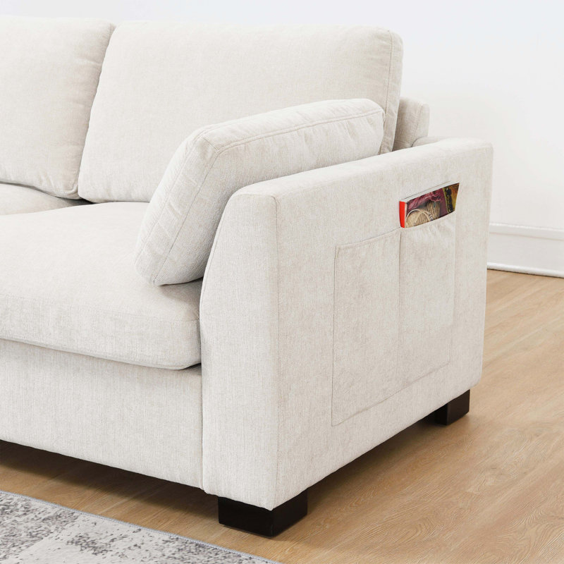 Canapé modulaire à cinq places en L modulaire en chenille avec table d'appoint pliante intégrée, double port de charge, poches de rangement latérales, coussins d'accoudoir et repose-pieds librement mobile, canapé rembourré en mousse haute densité pour le salon